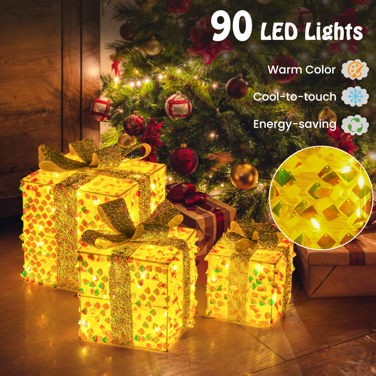 Set of 3 Christmas Lighted Gift Boxes with Pre-lit 90 LED Light and Bows
