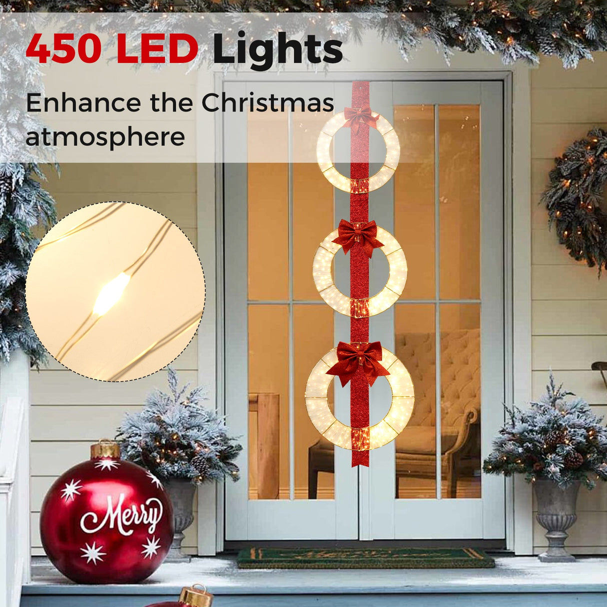 Set of 3 Christmas Lighted Wreaths with Warm White LED Lights and Bows