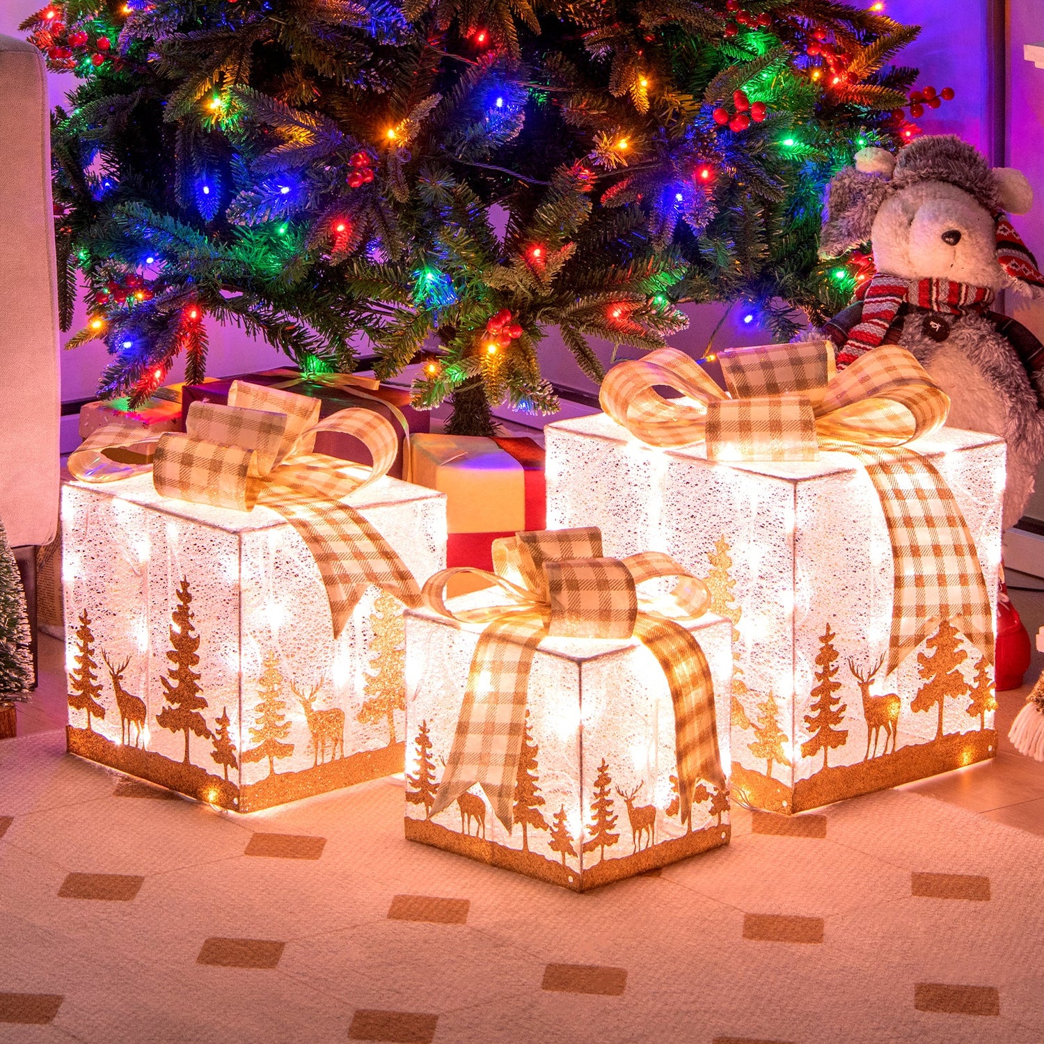 Juego de 3 cajas de regalo navideñas iluminadas con 100 luces blancas cálidas