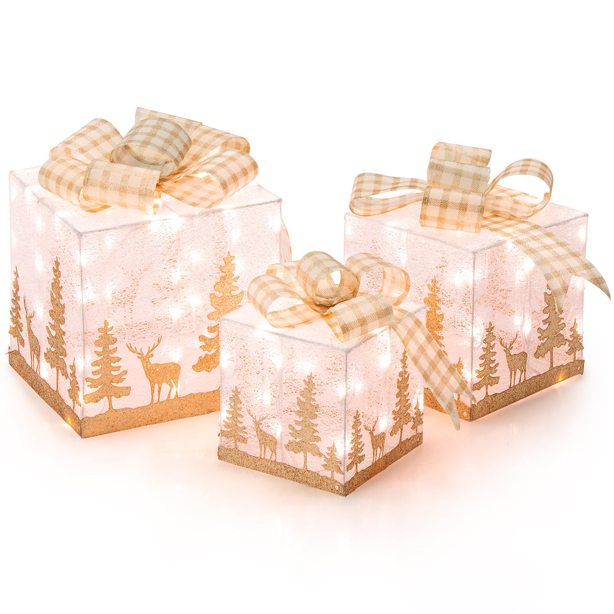 Juego de 3 cajas de regalo navideñas iluminadas con 100 luces blancas cálidas