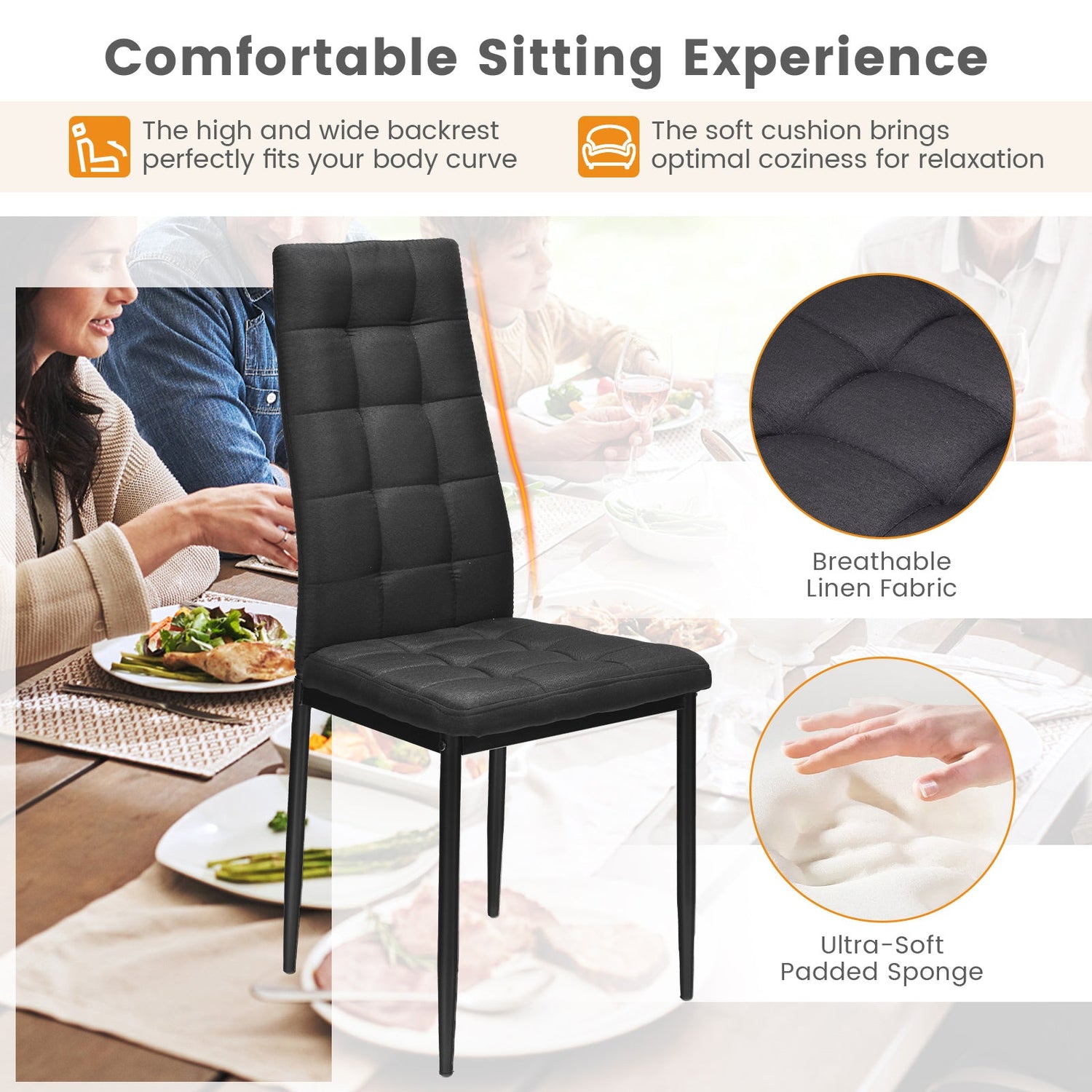 Set of 4 Fabric Dining Chairs Set with Upholstered Cushion and High Back