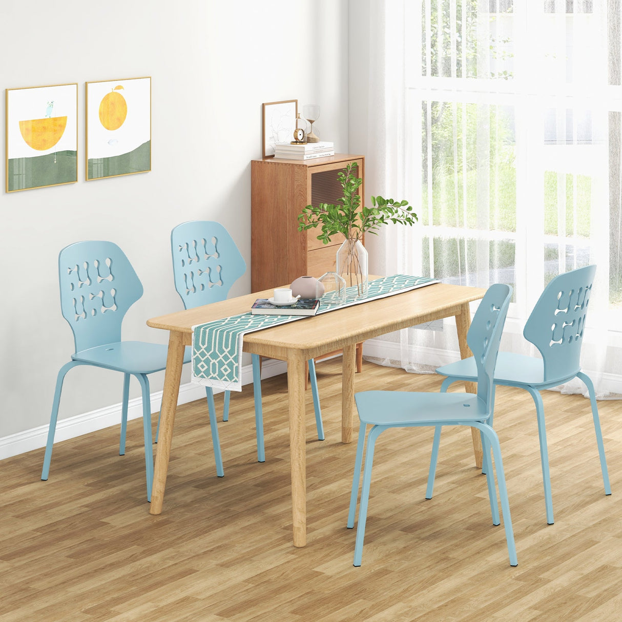 Set of 4 Metal Dining Chair with Hollowed Backrest and Metal Legs