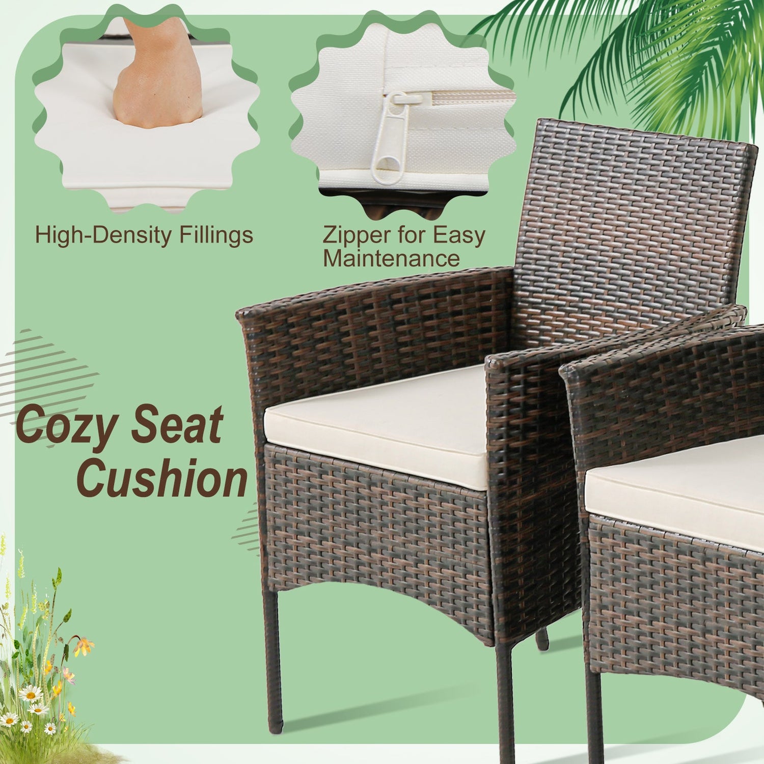 Juego de 4 sillas de comedor de mimbre PE para patio con cojines de asiento y reposabrazos - Juego de 4