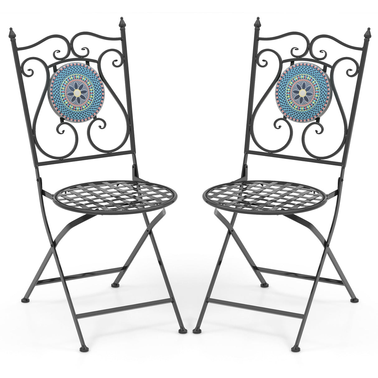Juego de 2 sillas plegables de metal para patio con diseño de mosaico