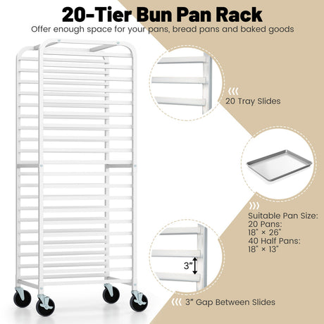 Estantería para panadería de 20 bandejas de aluminio de 26 x 20 x 70 pulgadas