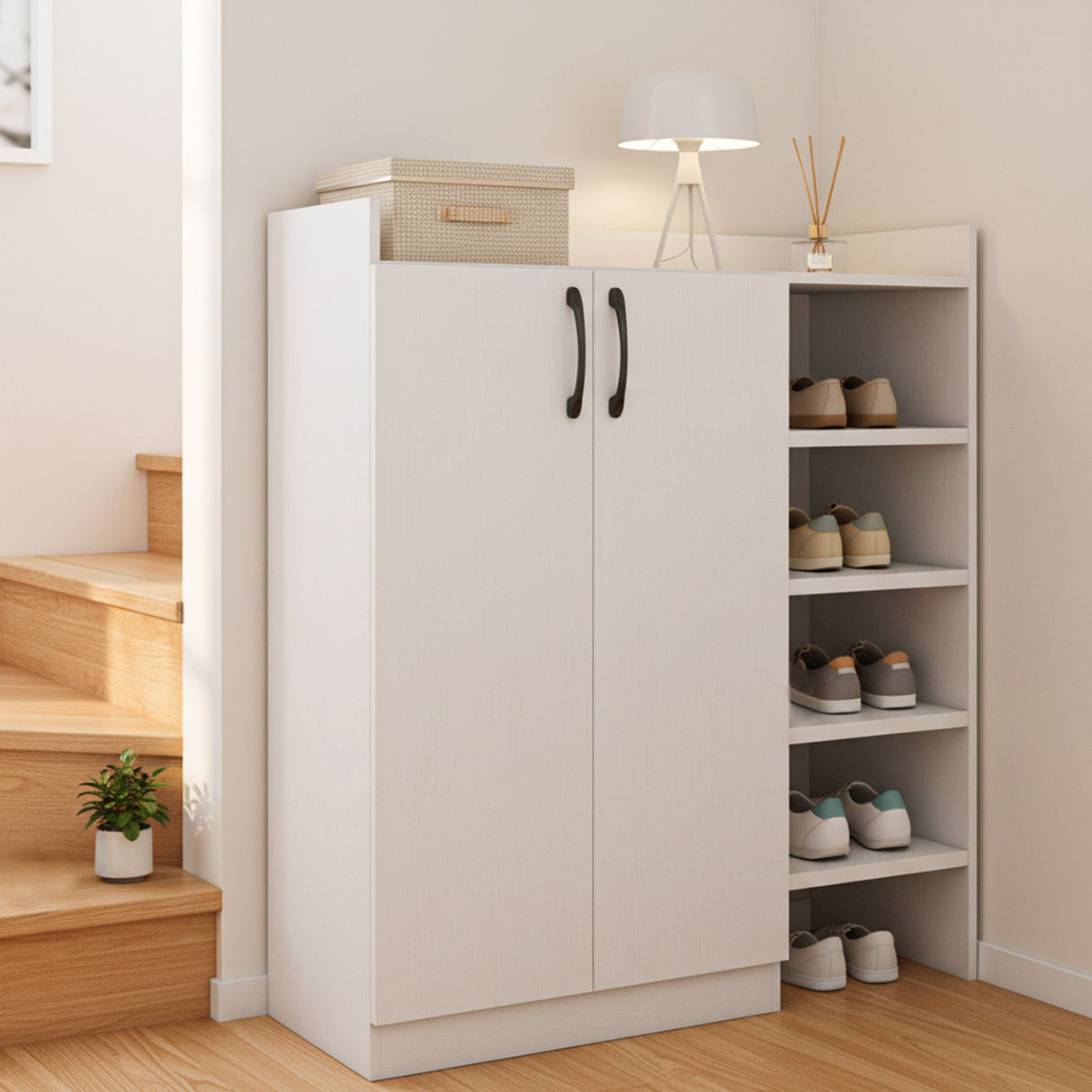 Zapatero con 2 puertas, organizador de almacenamiento de zapatos con 2 estantes interiores ajustables - Blanco