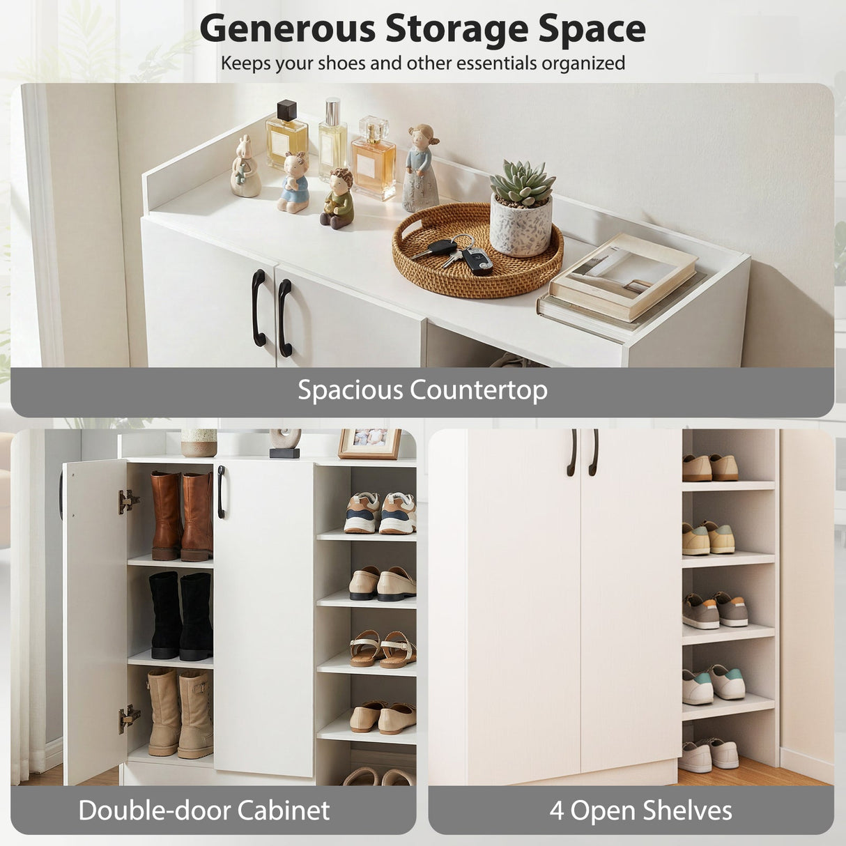 Zapatero con 2 puertas, organizador de almacenamiento de zapatos con 2 estantes interiores ajustables - Blanco