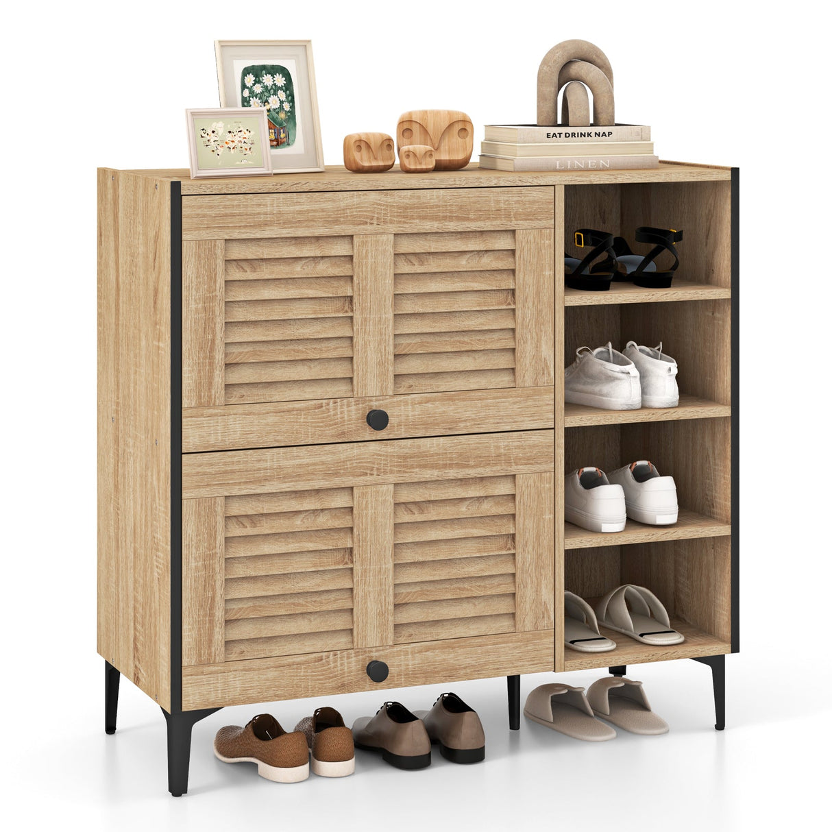 Zapatero Organizador con Puertas Abatibles Transparentes y Estantes Ajustables-Roble