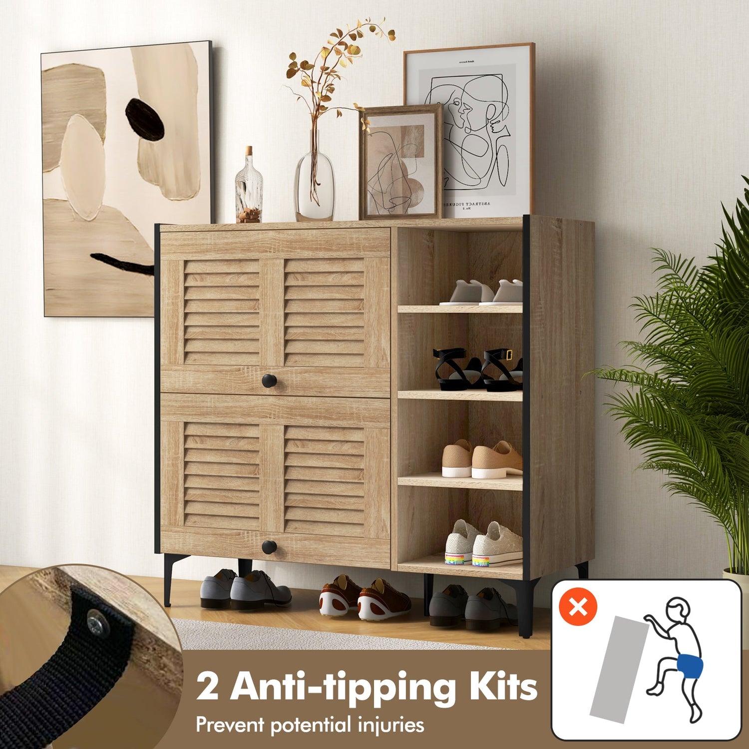 Zapatero Organizador con Puertas Abatibles Transparentes y Estantes Ajustables-Roble