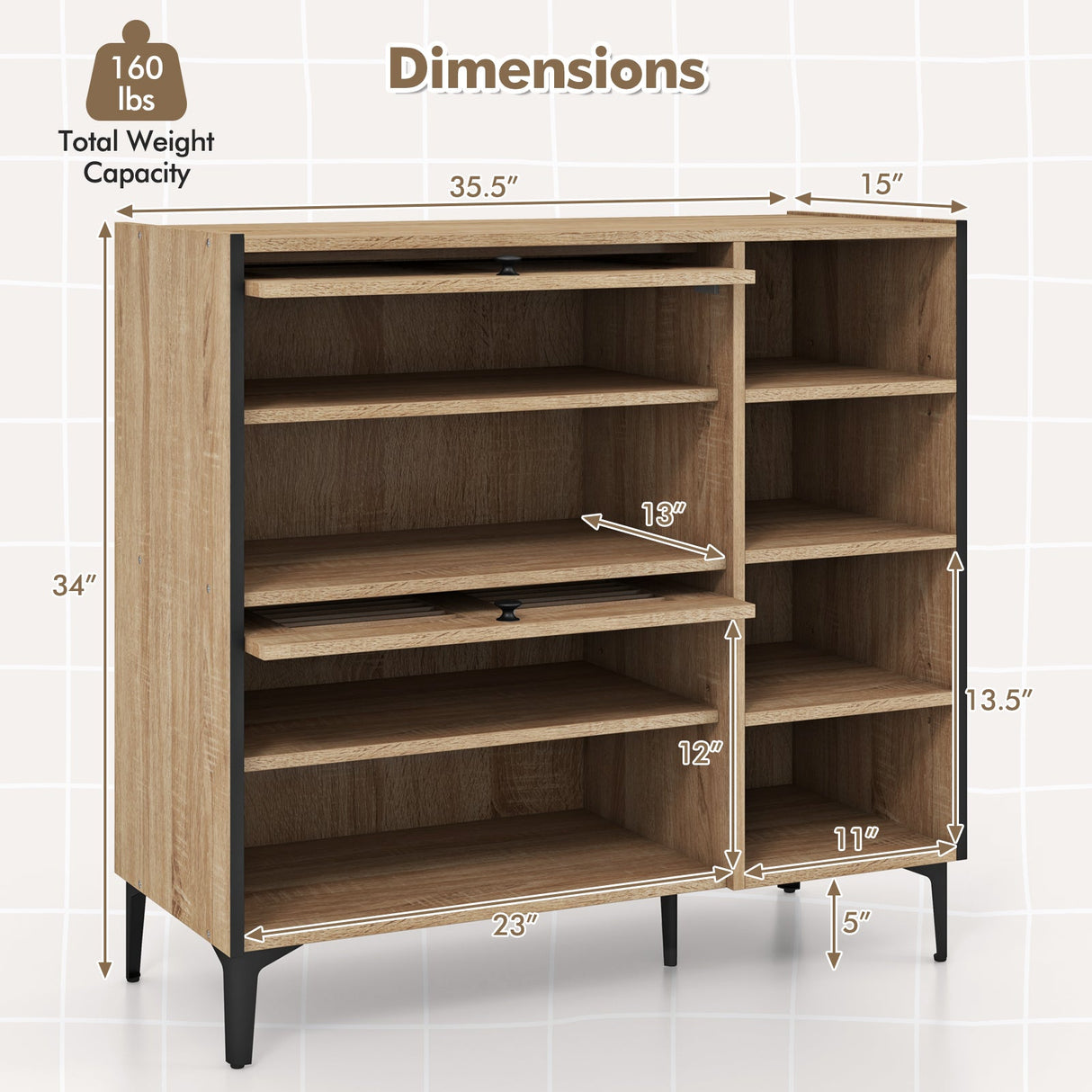 Zapatero Organizador con Puertas Abatibles Transparentes y Estantes Ajustables-Roble