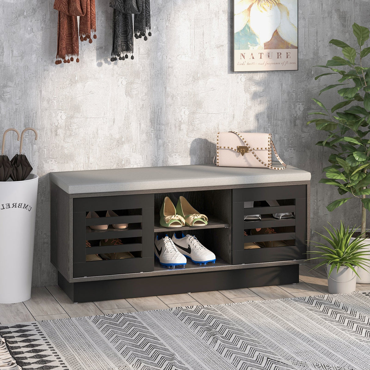 Banco para Zapatos con 6 Compartimentos de Almacenamiento y 3 Estantes Ajustables