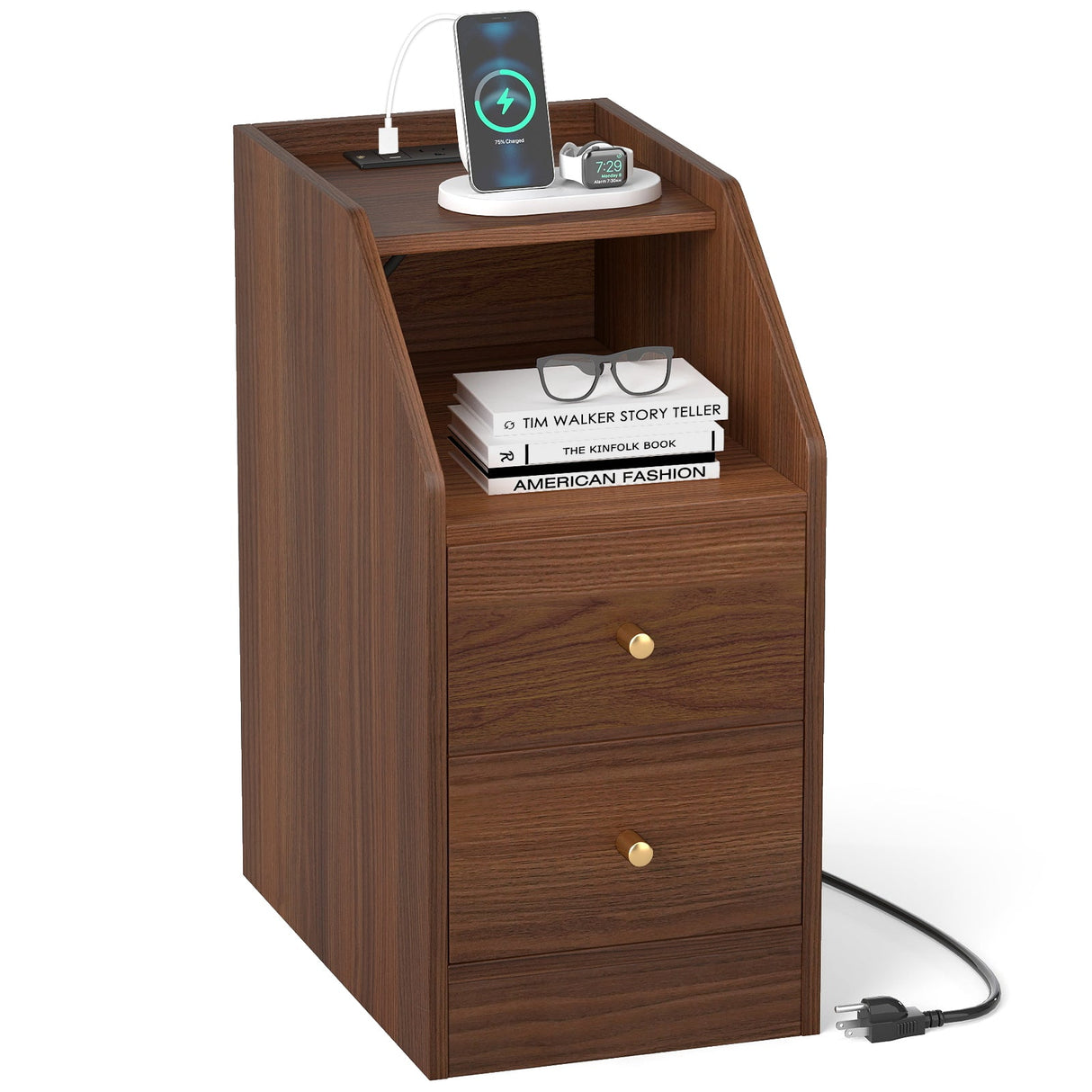 Side End Table with Charging Station Sofa Couch Table with Shelf Drawers