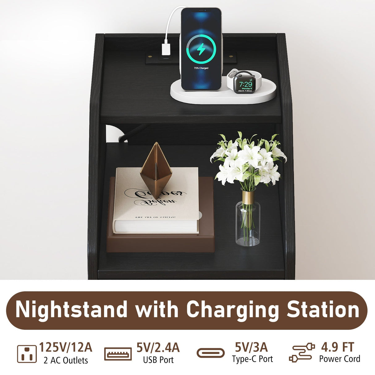 Side End Table with Charging Station Sofa Couch Table with Shelf Drawers