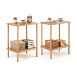 Juego de 2 mesas auxiliares de bambú de 2 niveles con estantes de almacenamiento, mesa de centro/sofá rectangular - Natural