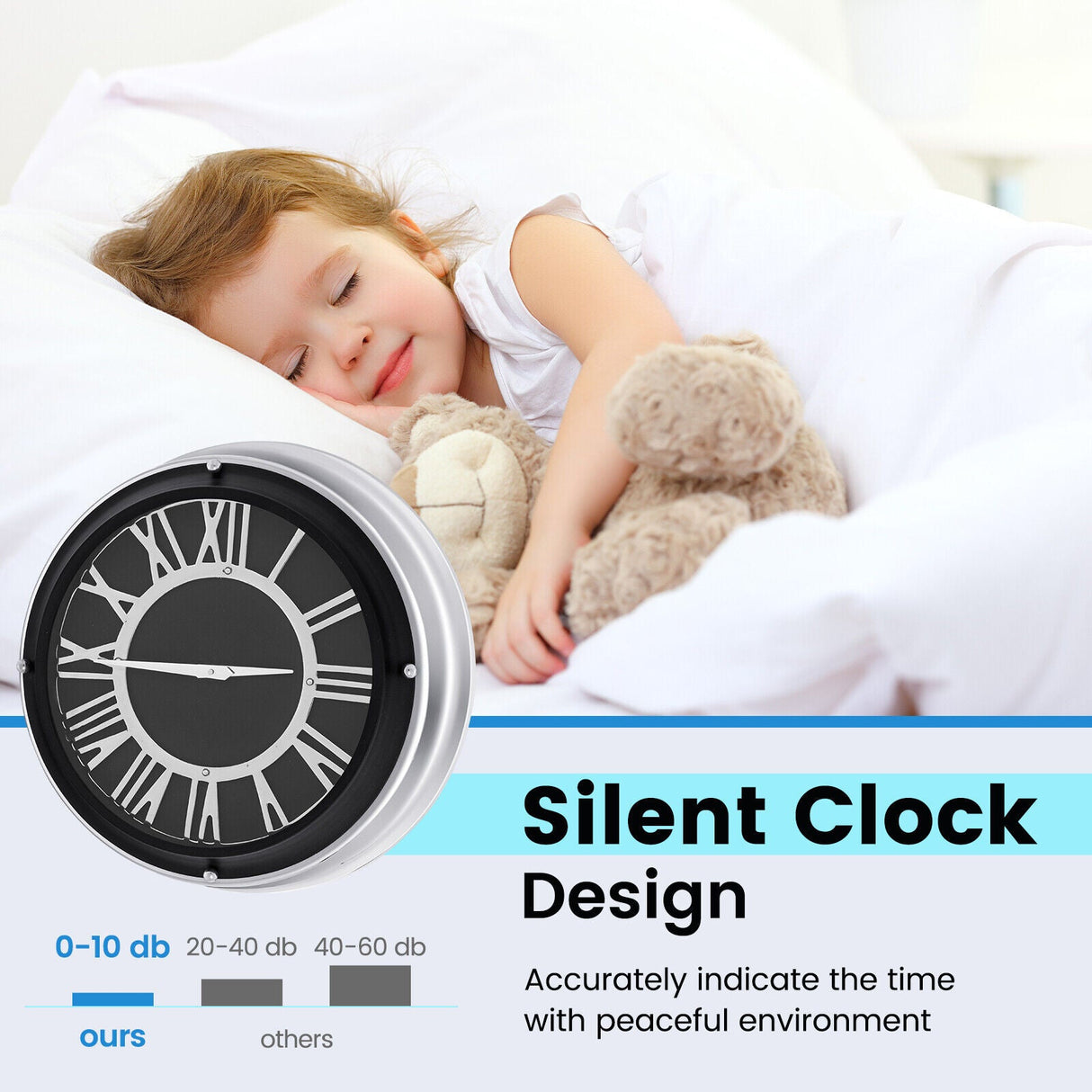Reloj de pared silencioso de 13,5/17,5 pulgadas con marco plateado