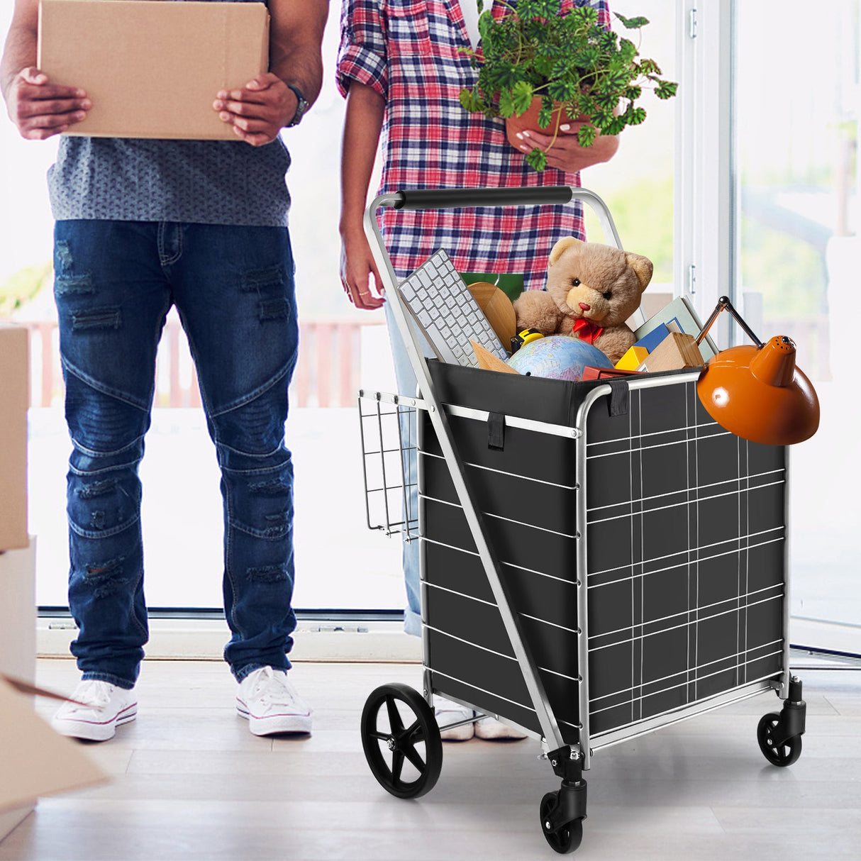 Carrito de compras plegable con ruedas, forro impermeable y cesta