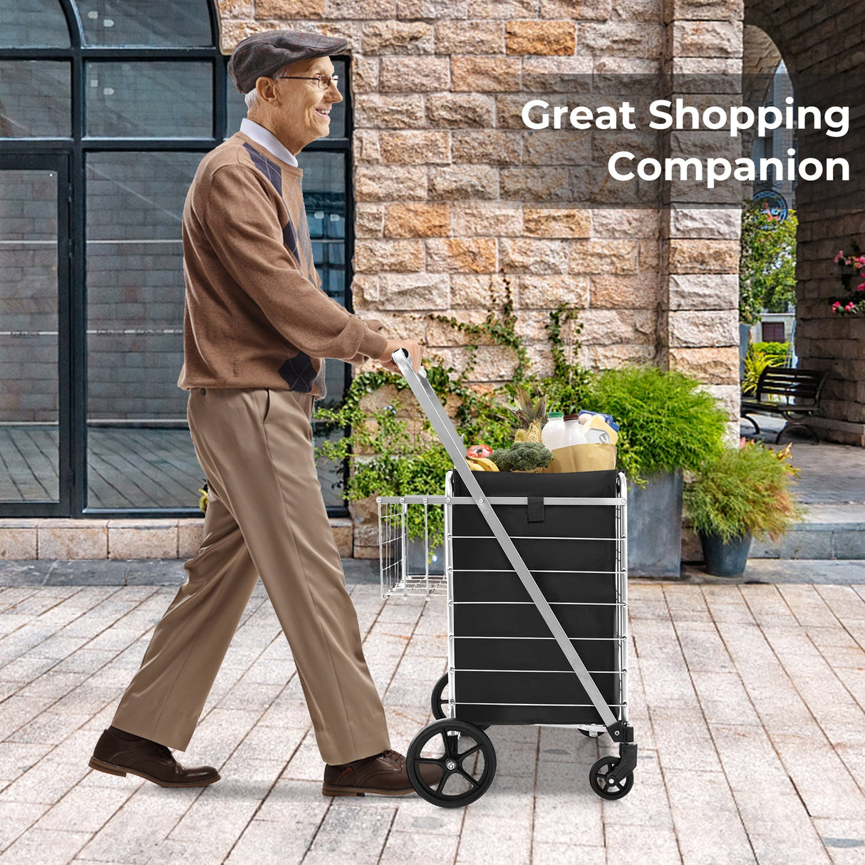 Carrito de compras plegable con ruedas, forro impermeable y cesta