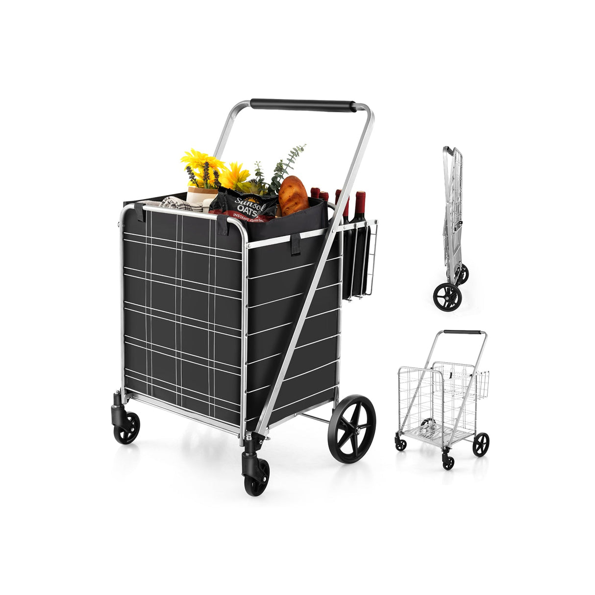 Carrito de compras plegable con ruedas, forro impermeable y cesta