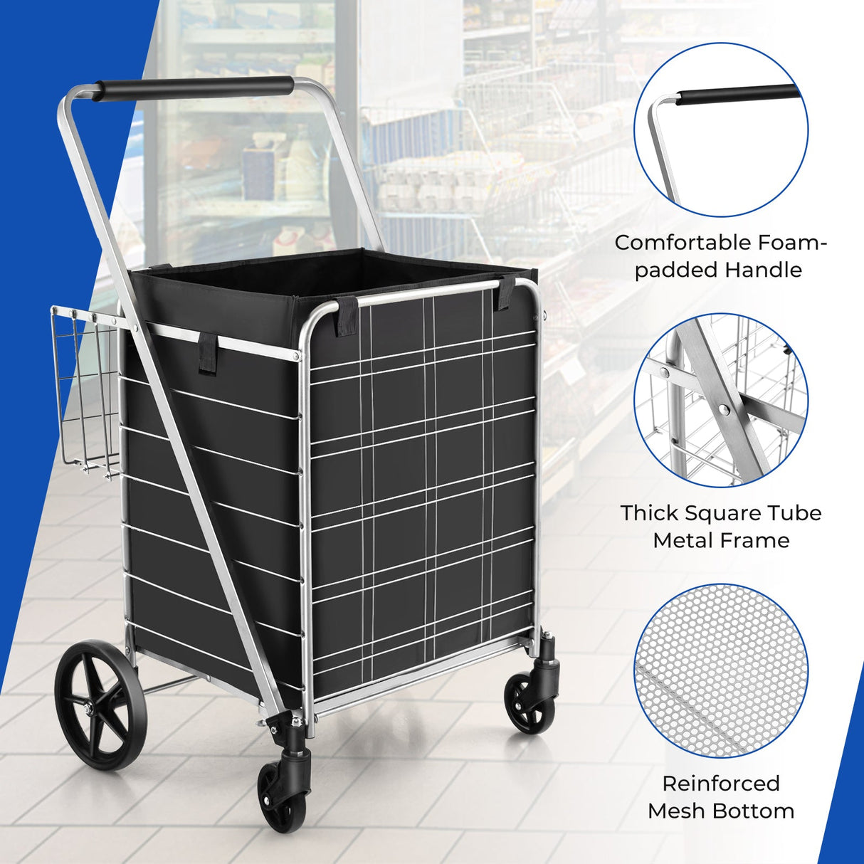 Carrito de compras plegable con ruedas, forro impermeable y cesta