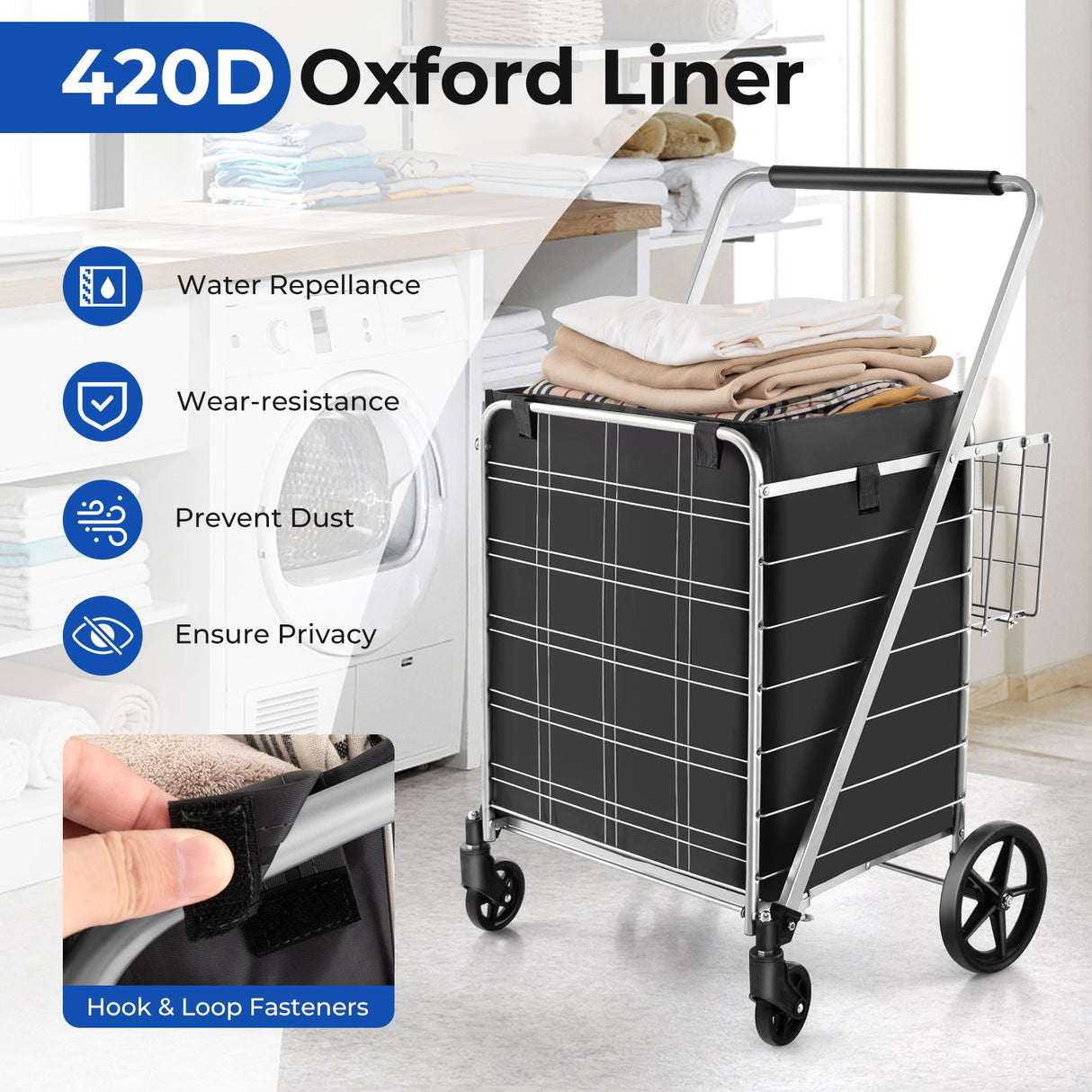 Carrito de compras plegable con ruedas, forro impermeable y cesta