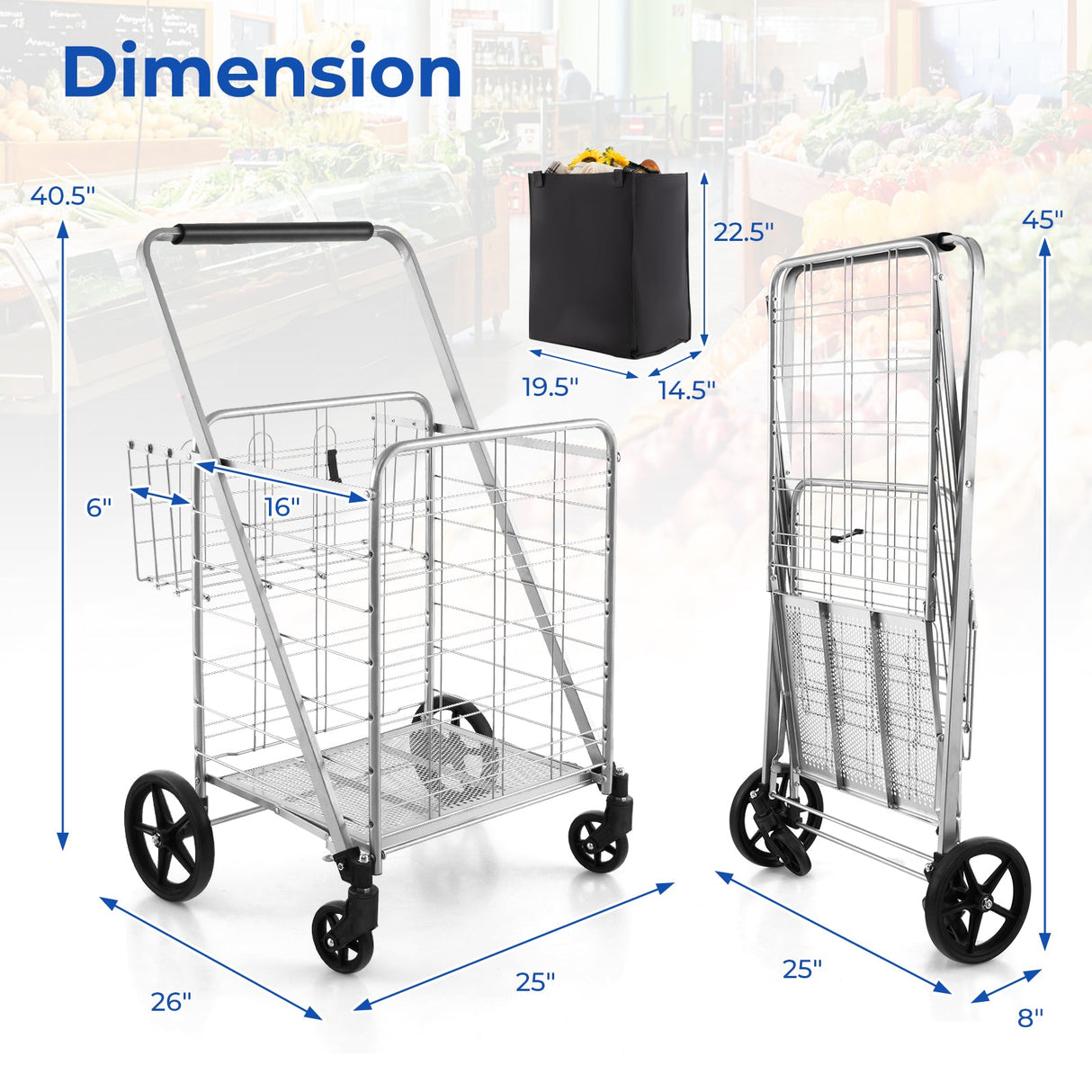 Carrito de compras plegable con ruedas, forro impermeable y cesta