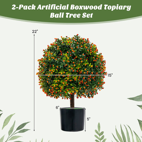 Árbol topiario de boj artificial de 2 unidades con frutos naranjas