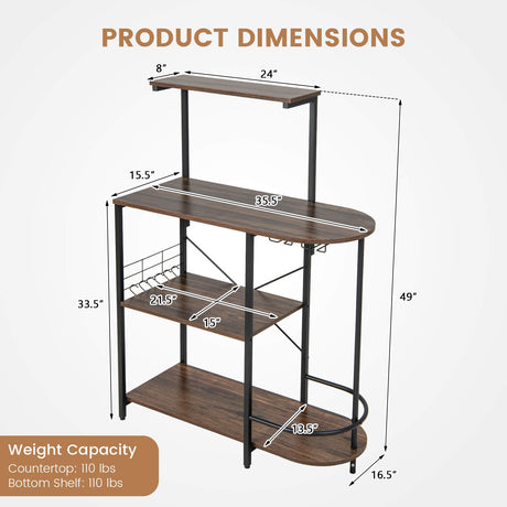 Estantería de cocina de 4 niveles con 6 ganchos en S y botellero-Marrón rústico