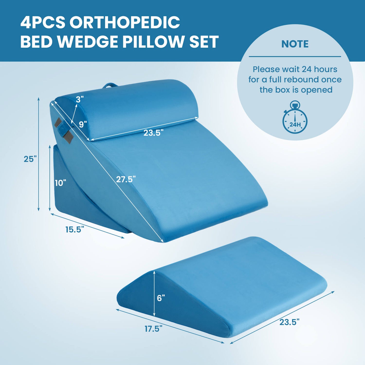 Juego de 4 almohadas ortopédicas en cuña para cama para aliviar el dolor, color azul