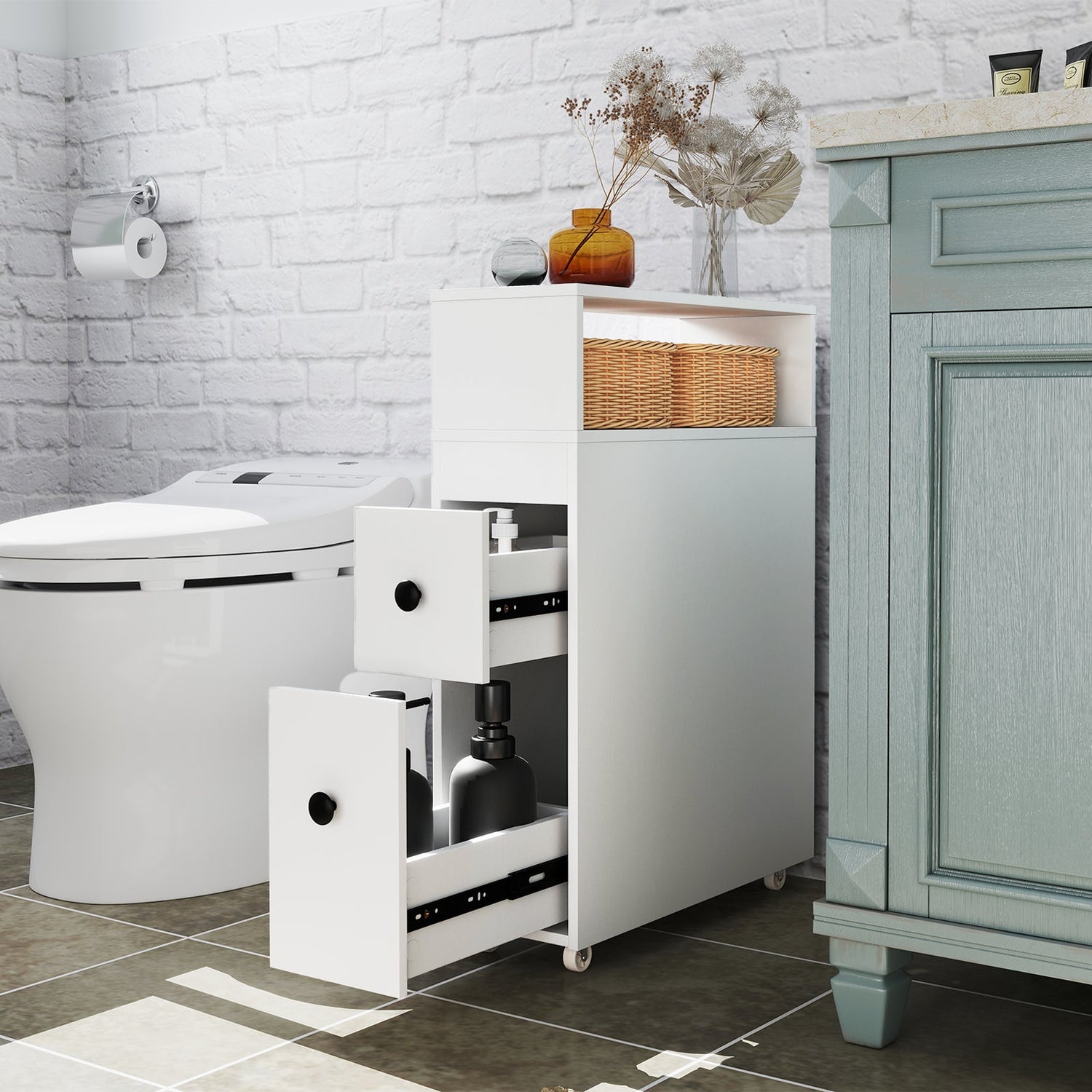 Mueble de baño estrecho de madera para inodoro con cajones extraíbles profundos