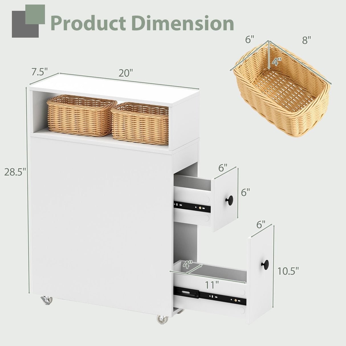 Mueble de baño estrecho de madera para inodoro con cajones extraíbles profundos
