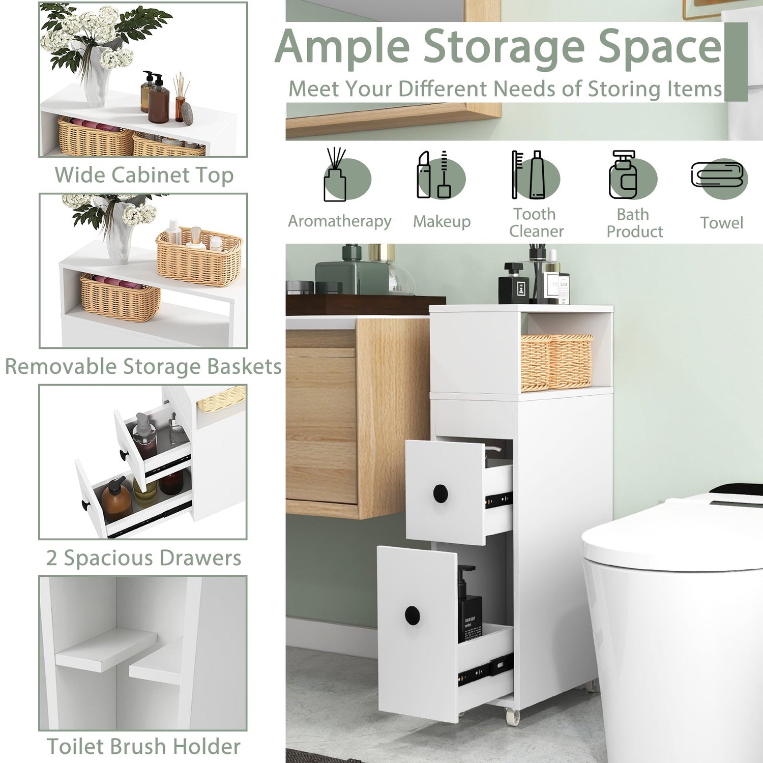 Mueble de baño estrecho de madera para inodoro con cajones extraíbles profundos