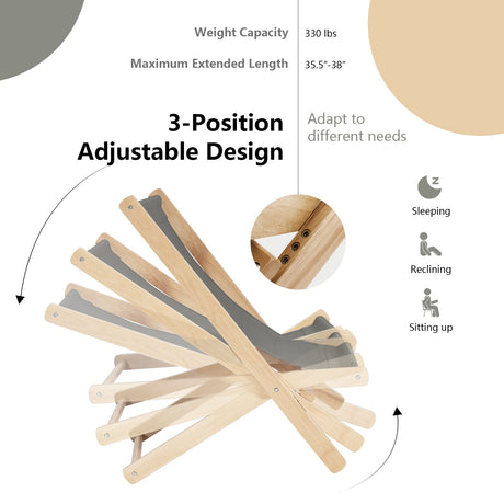 Sillón reclinable de madera para playa, ajustable en 3 posiciones, plegable, con cojín gratis, gris