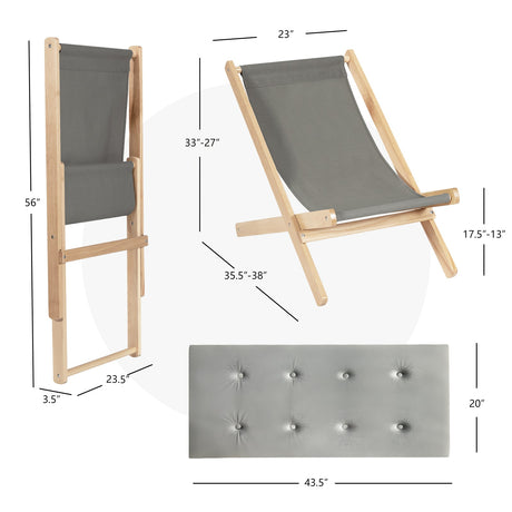 Sillón reclinable de madera para playa, ajustable en 3 posiciones, plegable, con cojín gratis, gris