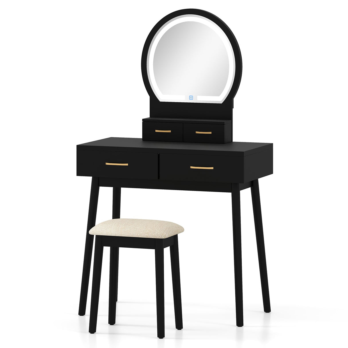 Pequeño tocador de maquillaje con taburete acolchado y espejo con luz LED