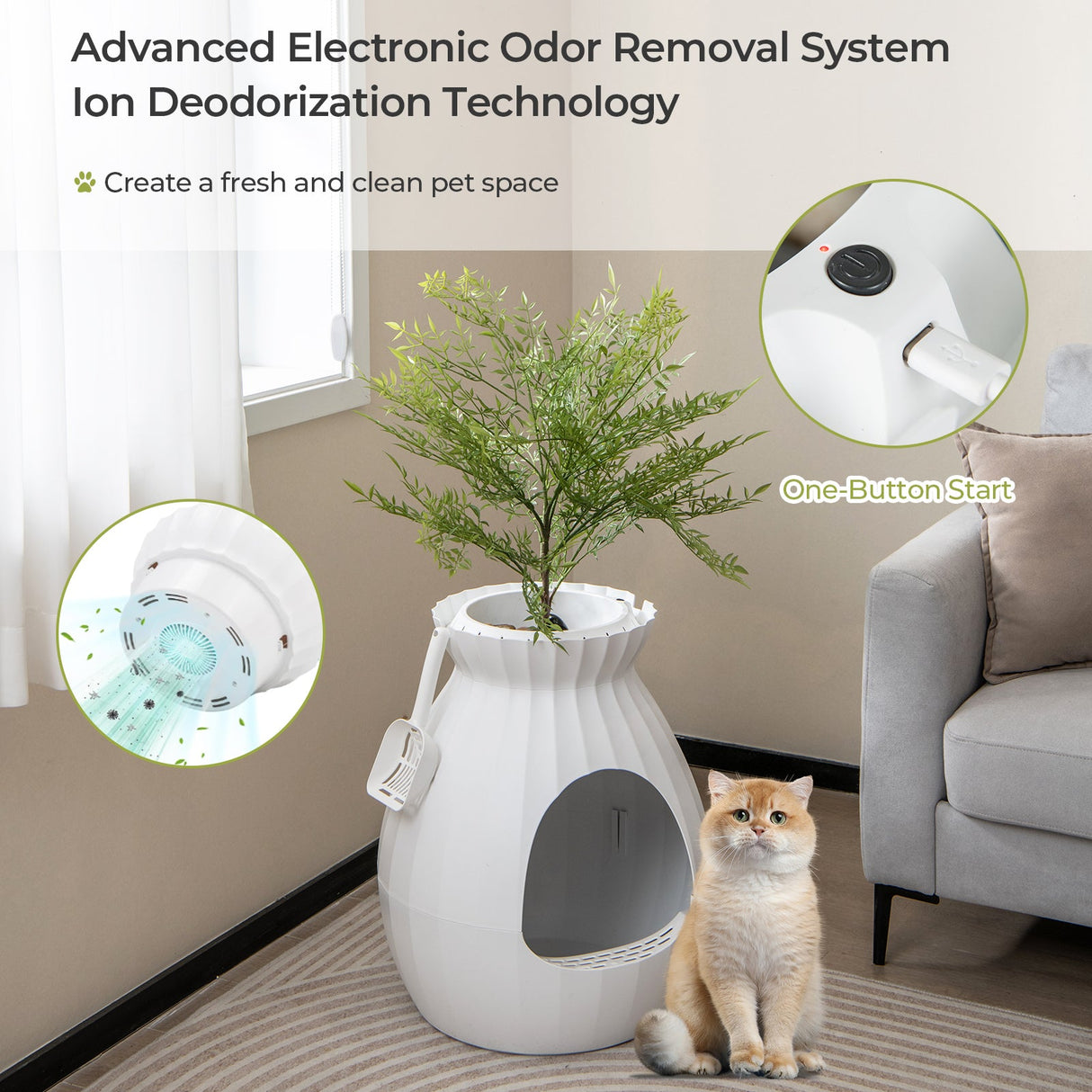 Arenero inteligente para gatos con eliminación electrónica de olores y esterilización - Blanco