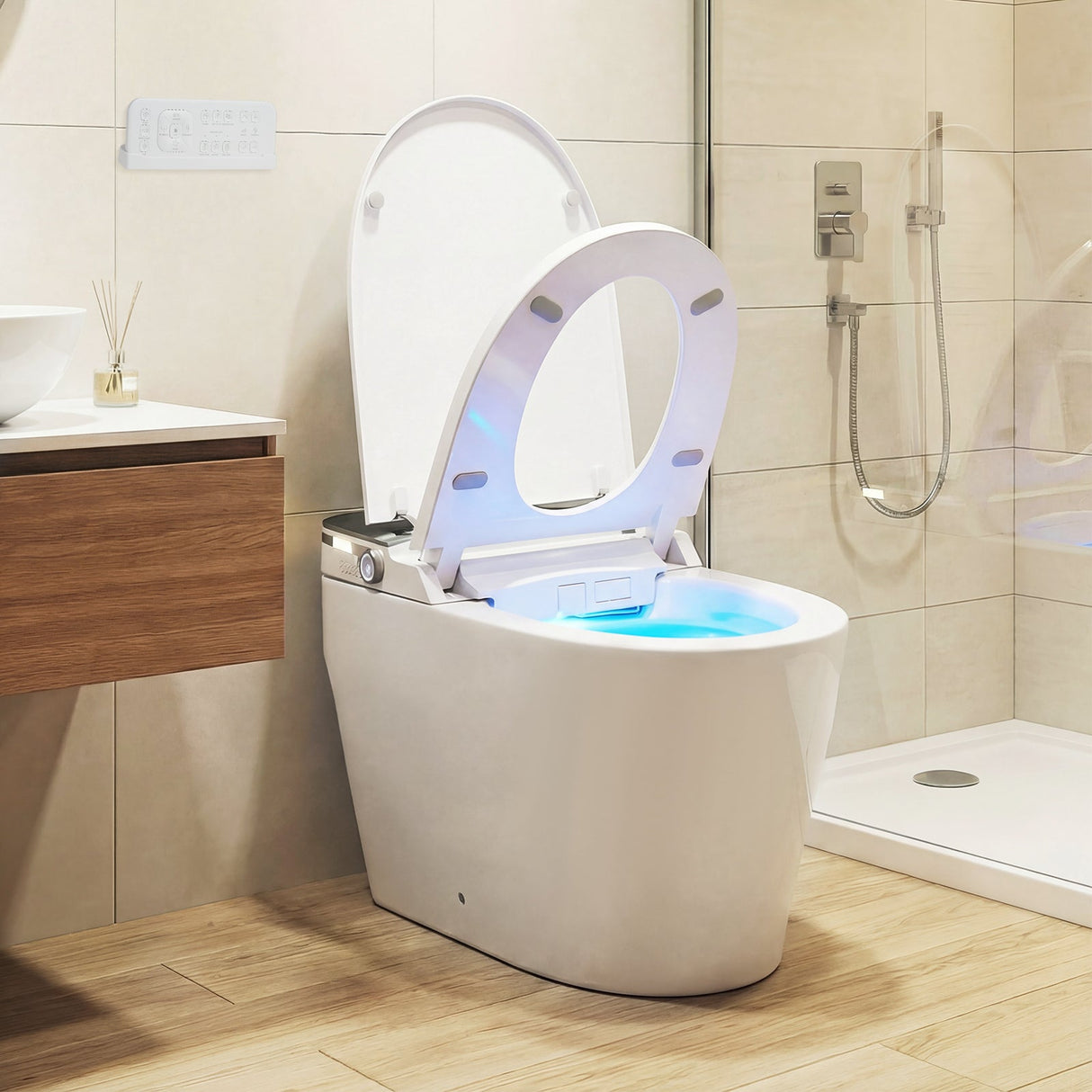 Inodoro inteligente con bidé incorporado, altura ADA con descarga automática y asiento con calefacción y control remoto - Blanco