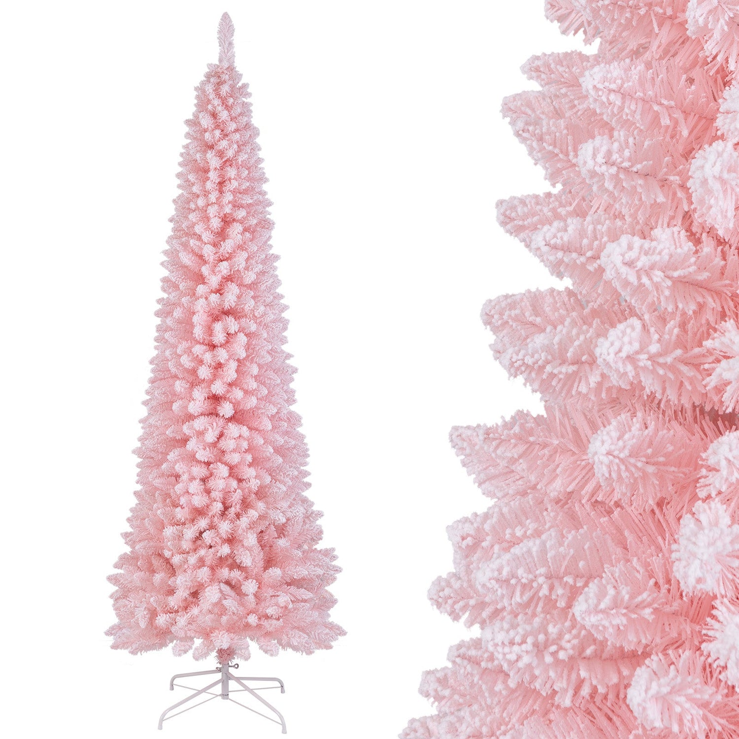 Árbol de Navidad artificial rosa de 2.13 m, nevado, con 635 puntas de rama