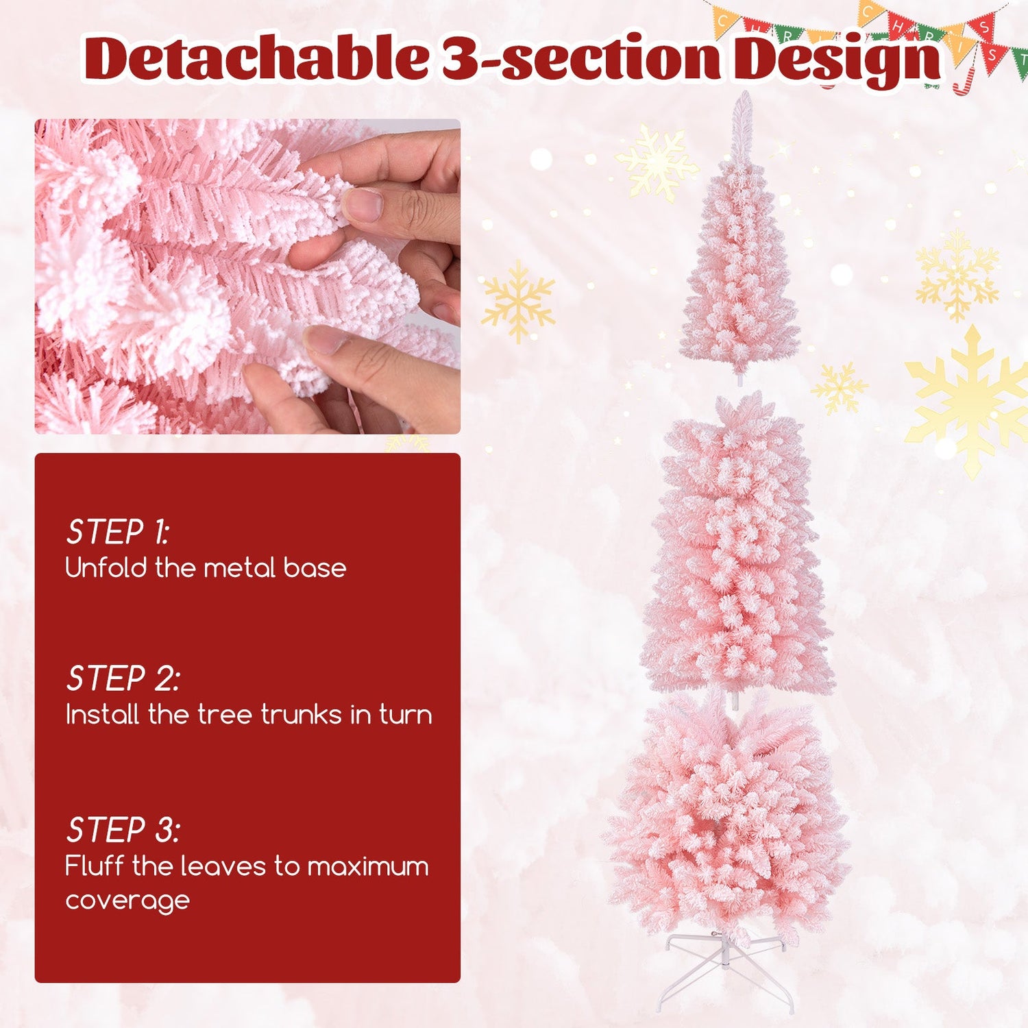 Árbol de Navidad artificial rosa de 2.13 m, nevado, con 635 puntas de rama
