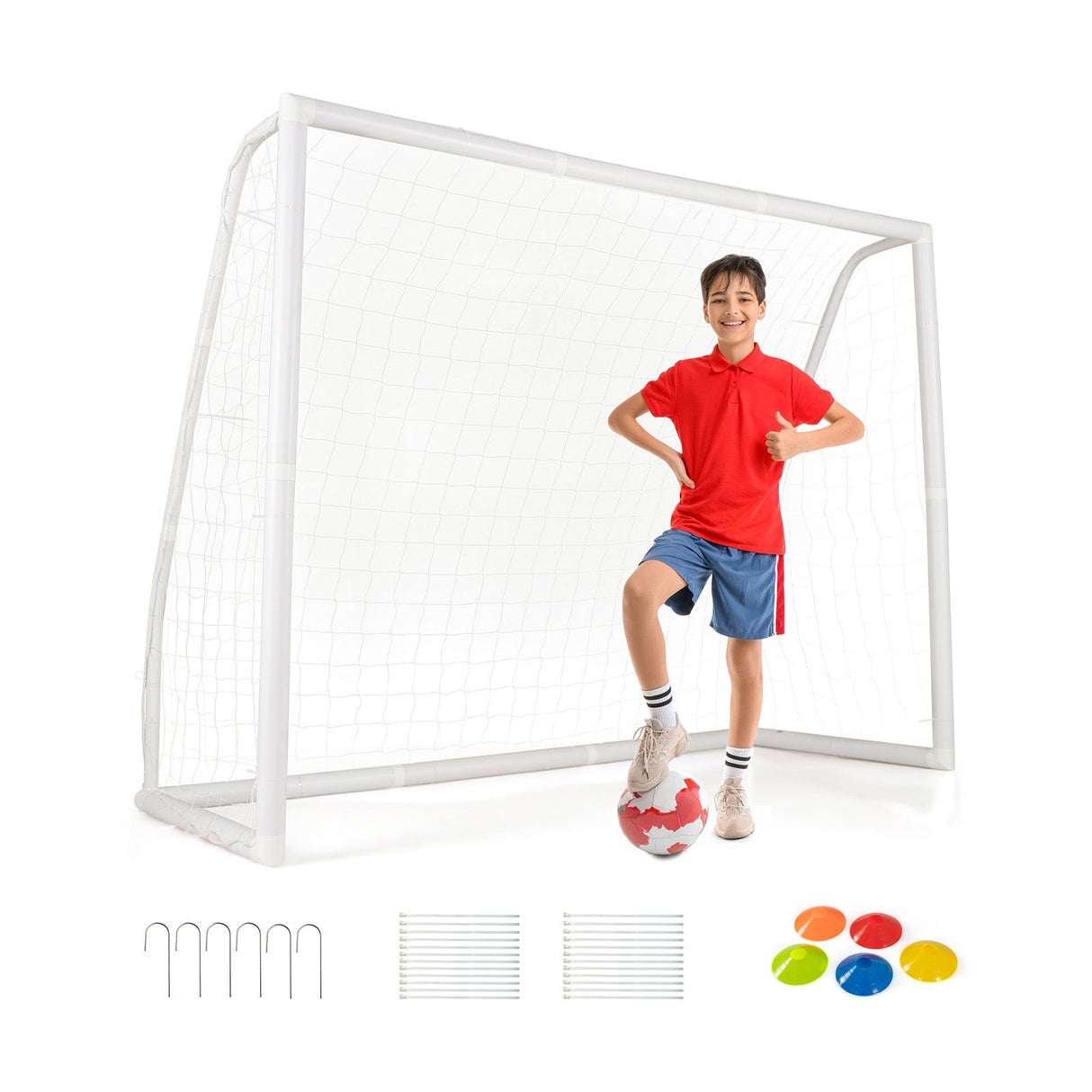 Portería de fútbol de 2,4 m x 1,8 m con estacas para el suelo y conos de fútbol
