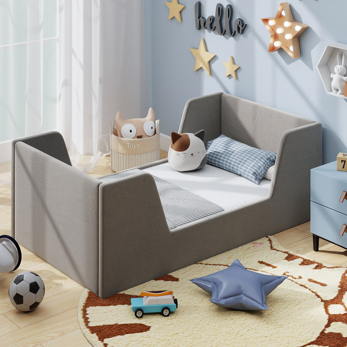 Soft Velvet Fabric Toddler Bed Frame with Safety Rails