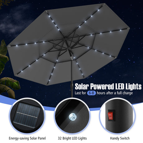 Sombrilla solar de patio de 3 metros con 32 luces LED y ventilación de 3 niveles