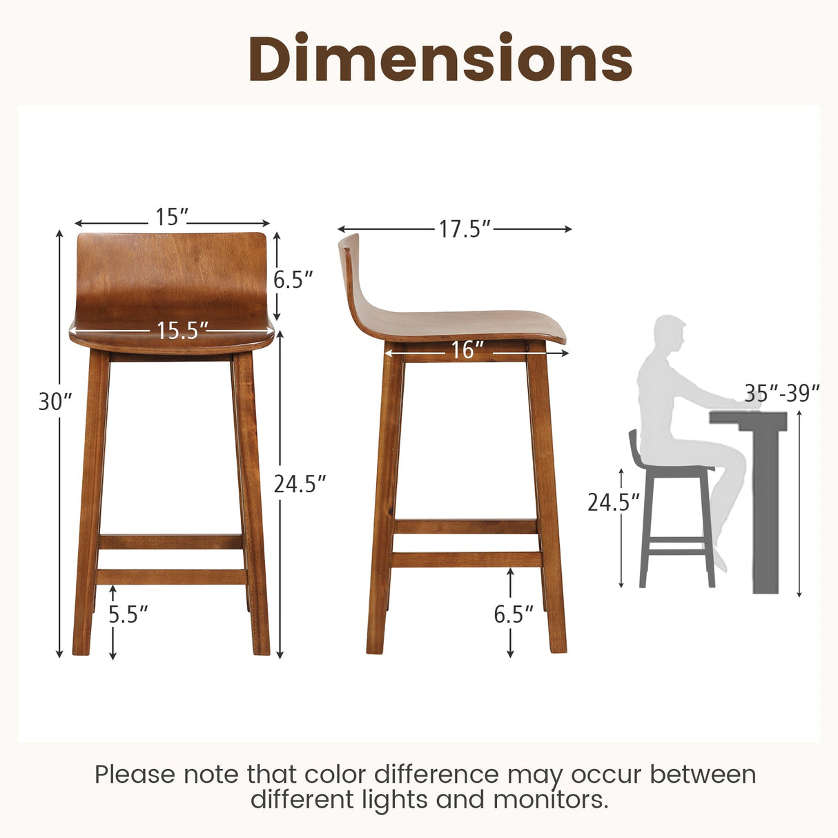 Juego de 2 taburetes de bar de madera con respaldo y asiento sólidos