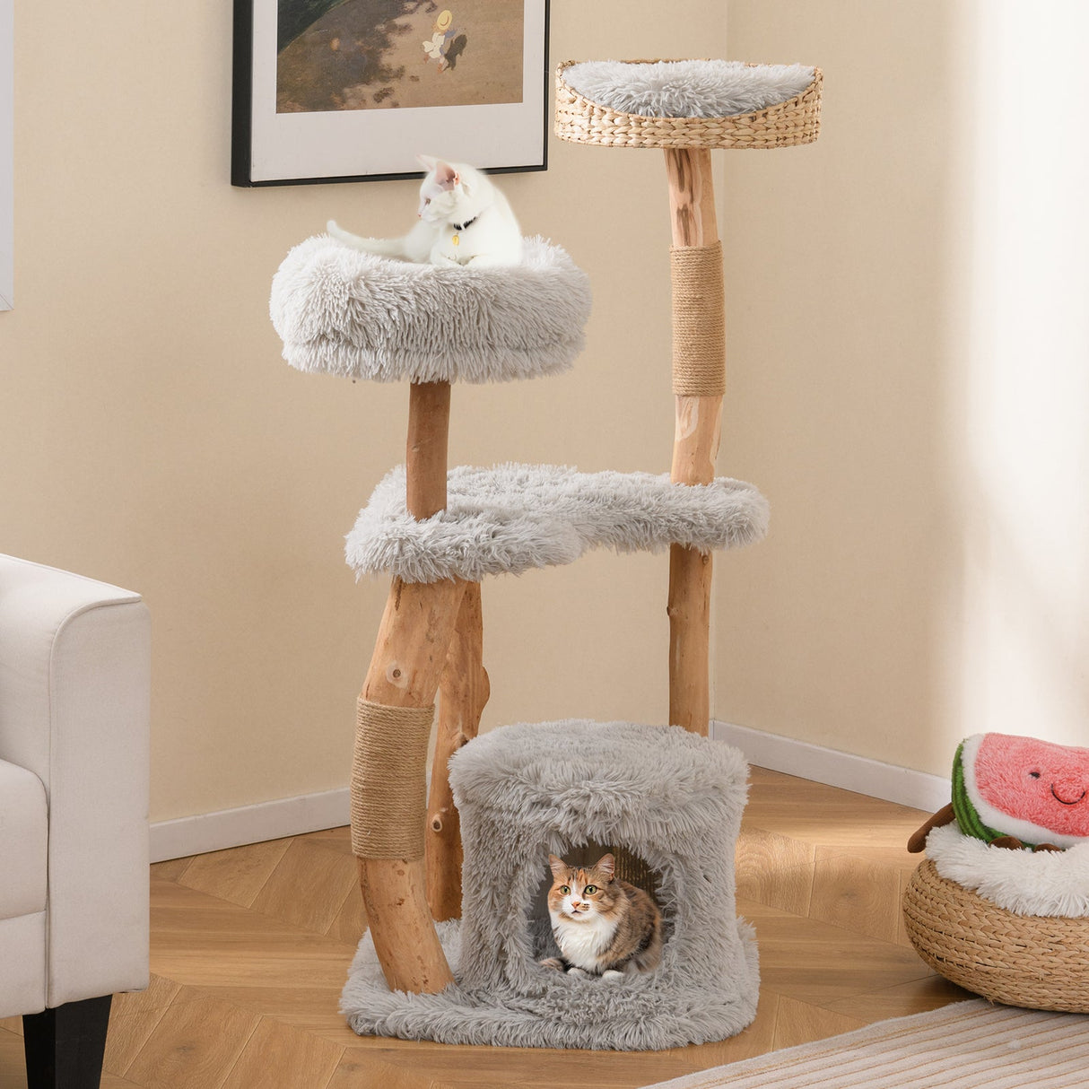 Torre para Gatos de Madera Maciza con Cesta Superior de Esparto para Cama de Gato