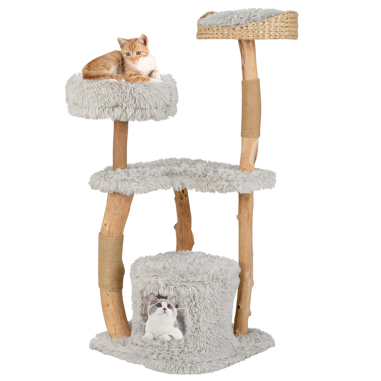 Torre para Gatos de Madera Maciza con Cesta Superior de Esparto para Cama de Gato