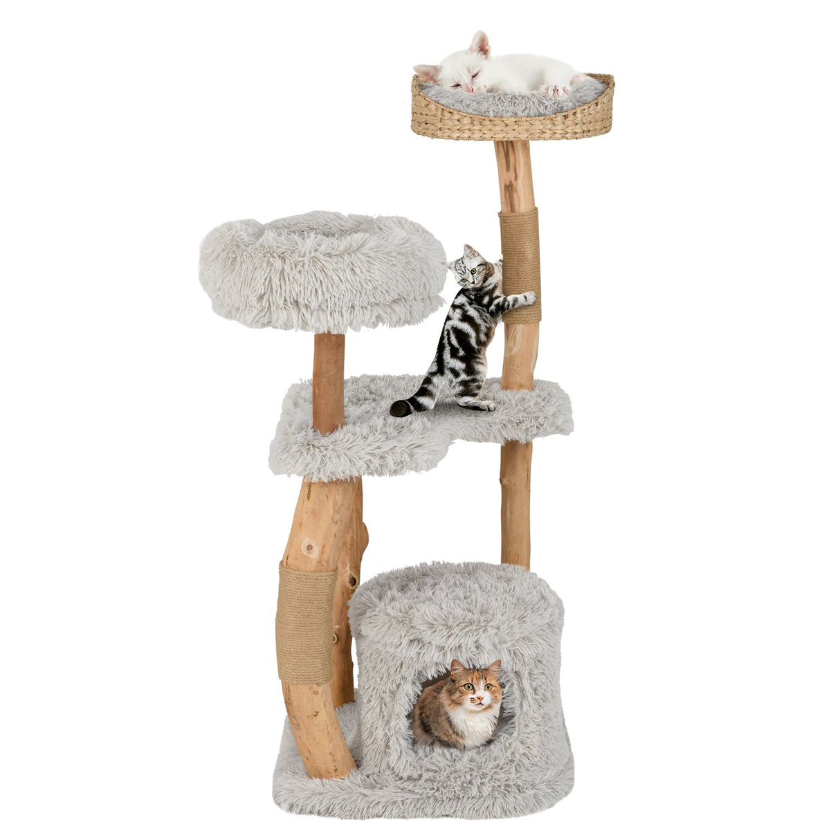 Torre para Gatos de Madera Maciza con Cesta Superior de Esparto para Cama de Gato