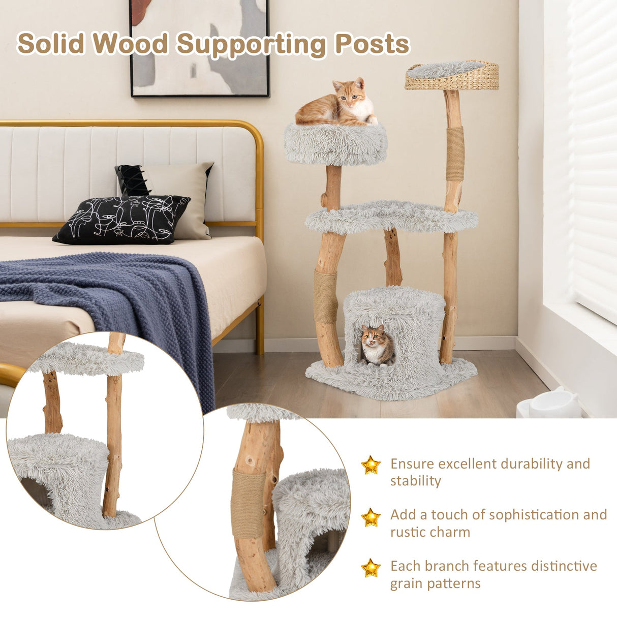 Torre para Gatos de Madera Maciza con Cesta Superior de Esparto para Cama de Gato