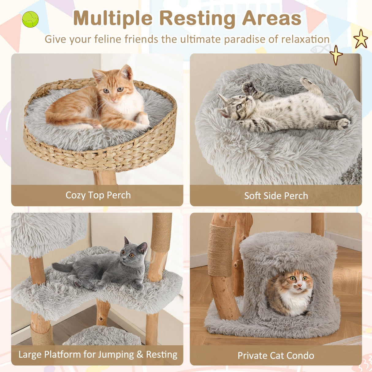 Torre para Gatos de Madera Maciza con Cesta Superior de Esparto para Cama de Gato