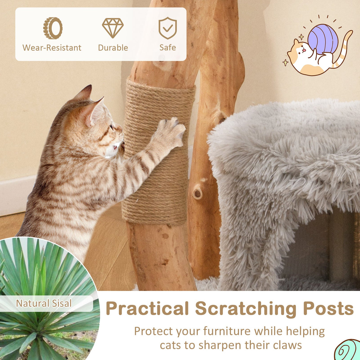 Torre para Gatos de Madera Maciza con Cesta Superior de Esparto para Cama de Gato