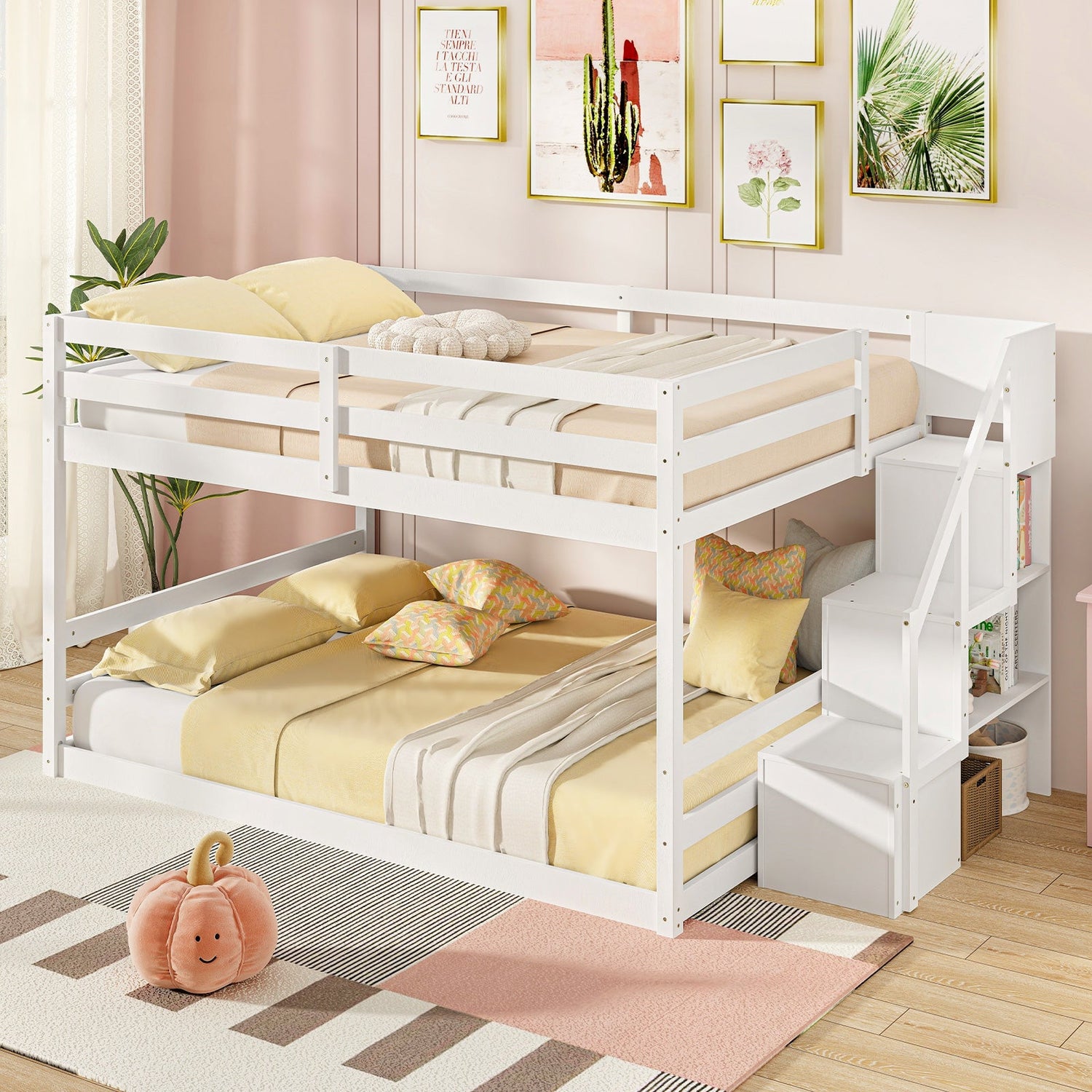 Litera baja de madera maciza completa sobre completa con escaleras de almacenamiento
