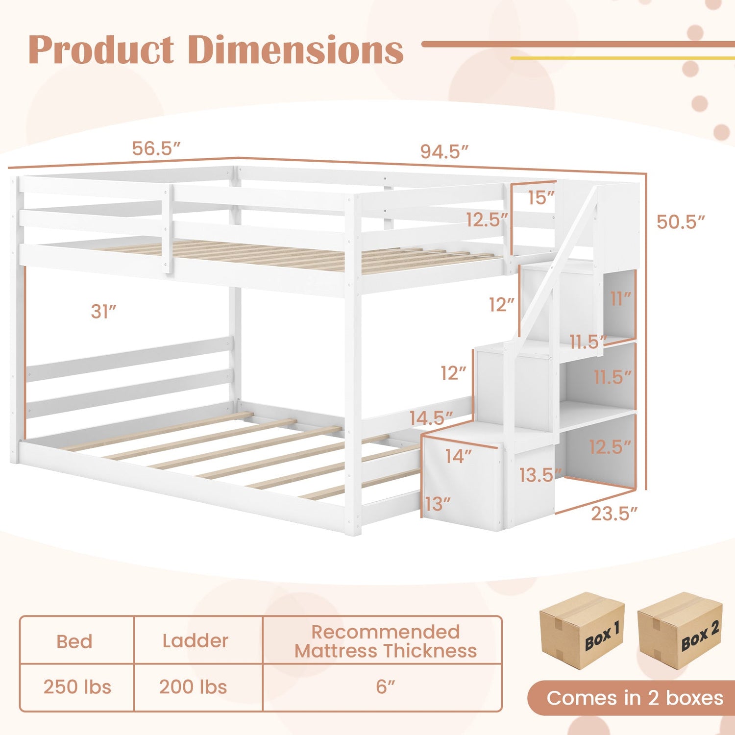 Litera baja de madera maciza completa sobre completa con escaleras de almacenamiento